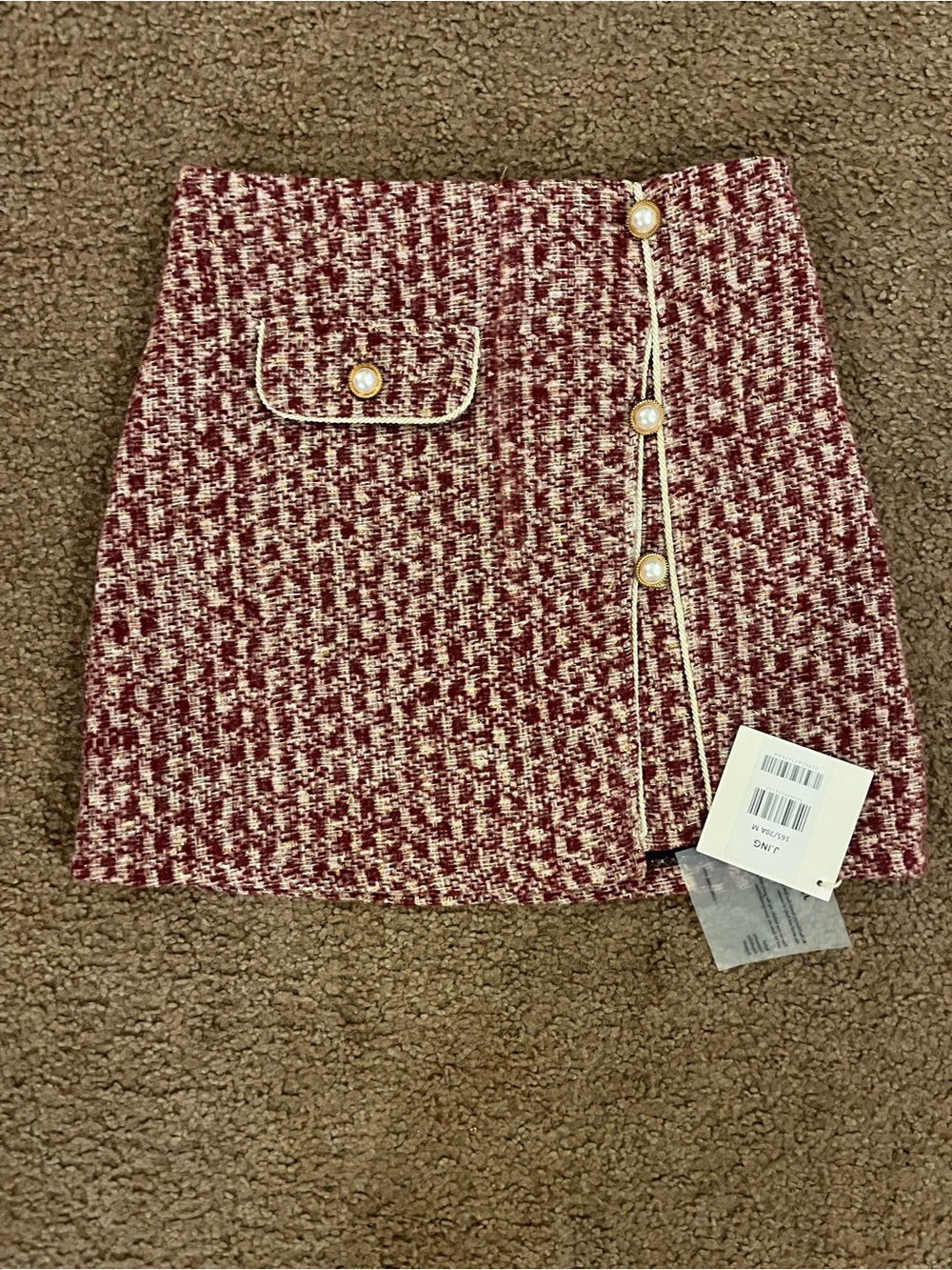 J.ING Tweed Boucle Mini Skirt Pearl Buttons M